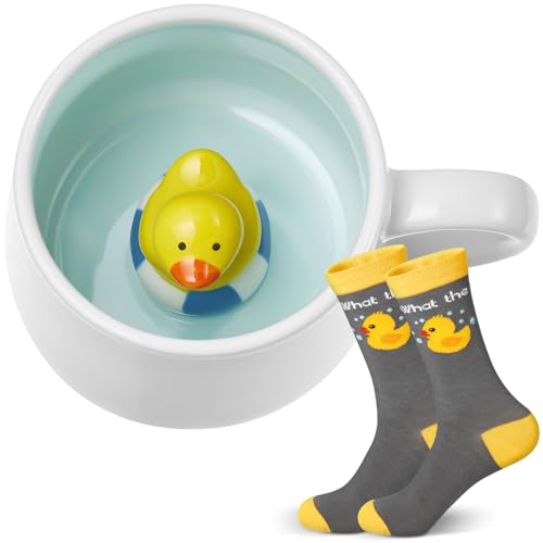 Nuenen Set de 2 Pcs Cadeaux de Canard Chaussettes à Motif de Canard Unisexe Tasse à Café avec Canard Jaune 3D Chaussettes Fantaisie Tasse à Thé au Lait de Figurine Intérieure Faite Main