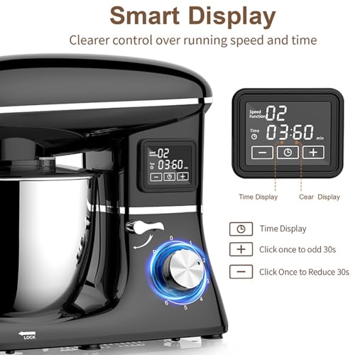 6.2l Mixers For Baking, 1500w Food Mixers For Baking With Bowl, 3 Types Of Mixers, 6 Speed Control, Timer Lcd Display, Splash Guard, Easy To Clean, Silicone Suction Cup, Food Mixer Kitchen black - Image 3
