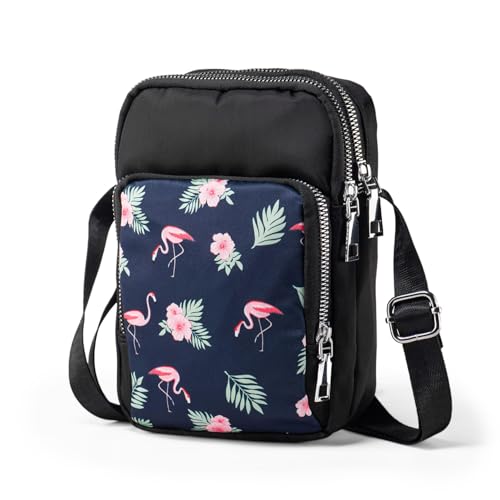 Bolso bandolera pequeño para mujer y niña, bolso de tela, funda para móvil para llevar colgado con patrón dulce, 3 compartimentos y correa larga, Flamingo., small, Contemporáneo