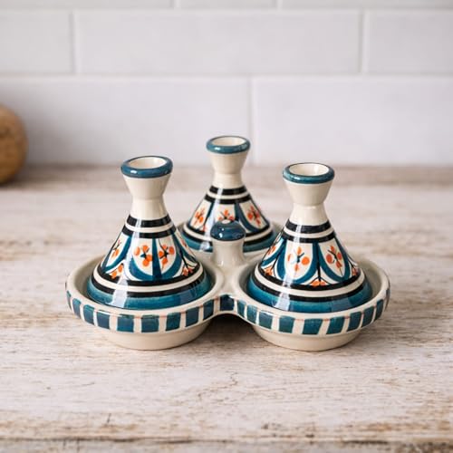 Mini Tajine Triplo Porta Spezie in Ceramica Terracotta Marocchina di Safi - Eleganza Artigianale 3012250804 Tunisia Turchia Etnico del Modno