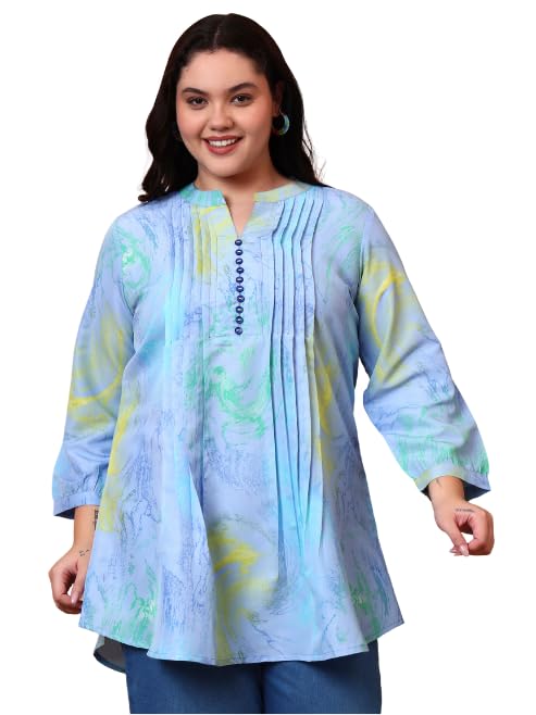 Image of Yash Gallery Women's Wrinkle Free Printed Short Kurti Mandarin Collar with Pintuck Pleats 3 /4th Sleeve