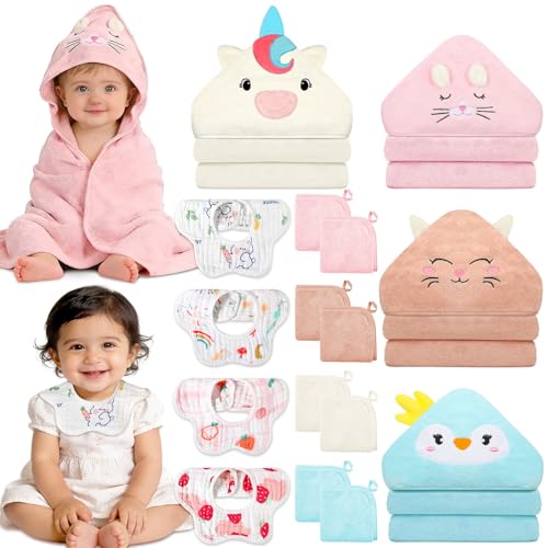 Image of Flasoo 16 Pcs Baby Towels Set, Baby Towels and Washcloths Set,4 Pcs Animal Hooded Baby Towels, 4 Pcs Baby Bibs & 8 Pcs Washcloths Set for Infants, Toddlers and Kids-Unicorns, Rabbits, Kittens & Chicks