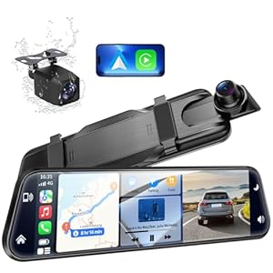 2.5K Mirror Dash Cam with Carplay&Android Auto,10″ Rear View Mirror Camera for Cars/Trucks with Voice Control/ 64GB Card/Touch Screen/Parking Monitor/Reverse Assist/Dual Loop Record/WDR Tech