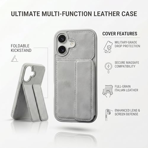 Image of amazon basics Luxury Vegan Leather Back Cover for iPhone 16 | Built-in Card Holder Slot | Integrated Mobile Stand | Slim Shockproof Protective Case with Stitched Finish - Gray