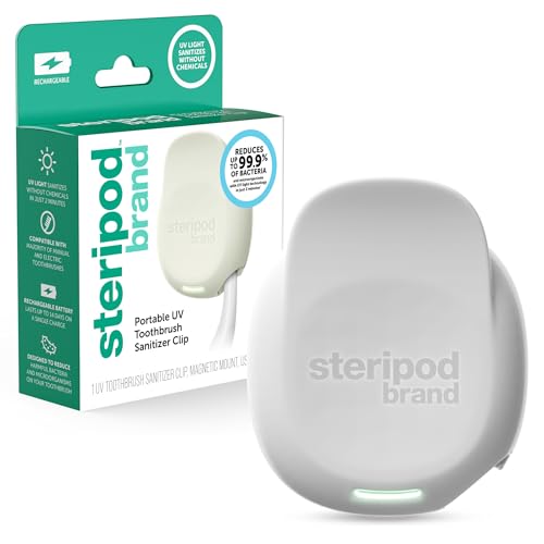 Steripod Brand Portable UV Toothbrush Sanitizer Clip, Rechargeable, Pearl, 1 Count