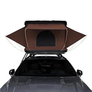 Tenda da Tetto per Auto 2-3 Posti con Apertura Idraulica Assistita, Tessuto Impermeabile 3000mm, Materasso 5,5cm, Scala Telescopica e Torcia Solare Inclusa – Marrone