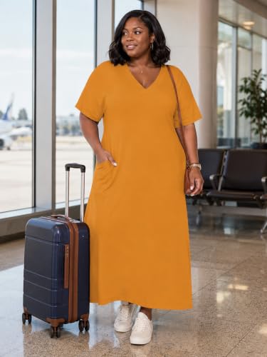 Image of SUZONANA Women Casual T-Shirt Dress V Neck Short Sleeve Solid Color Oversize Dress with Front Two Pockets