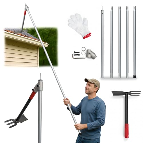Thorkok Heavy Duty Gutter Cleaning Tool from Ground – No Ladder Needed 10FT Gutter Cleaner Kit with Extension Pole Leaf & Roof Debris Remover for 1-2 Story House