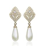 Clip On Pearl Dangle Earrings for Women, 18K Gold Plated ， Art Deco Vintage Wedding Style