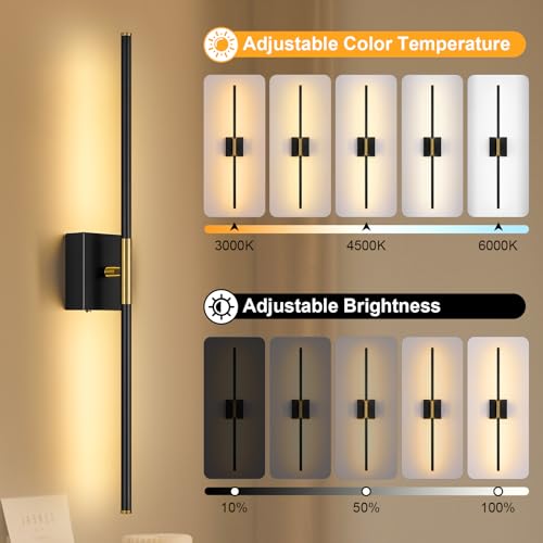 Image of Wall Sconces Set of Two with Remote Control 29.1 in Dimmable Black Gold Battery Operated Wall Lights 350 Ratation 3000K-6000K LED Wireless Rechargeable Sconce for Bathroom Living Room Bedroom