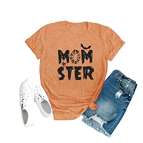 Momster T Shirt Women Funny Halloween Spider Bat Graphic Tee Casual Mom Ster Letter Print Short Sleeve Tops(Orange, Small)