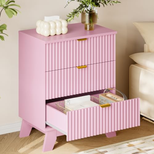 Image of BORNOON 30.5 inch Nightstand with Charging Station, 3-Drawer Fluted Bedroom Chest, Wood Bedside Dresser with Power Outlets and USB Ports, Metal Slides, Stable Base, Modern Storage Cabinet for Small Spaces