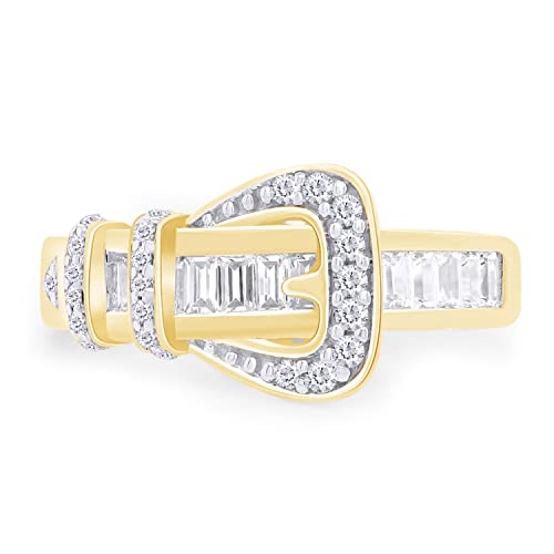 Baguette & Round White Cubic Zirconia Belt Buckle Band Ring for Women, 14K Gold Over Sterling Silver Statement Ring, Dainty CZ Jewelry Gift2