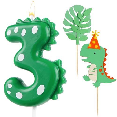 AIBAOBAO Velas de aniversário de 3 anos, toldo de aniversário dinossauro, com 2 x decoração de bolo de aniversário, vela número 3, velas de aniversário originais, decoração bolo festas para meninos e