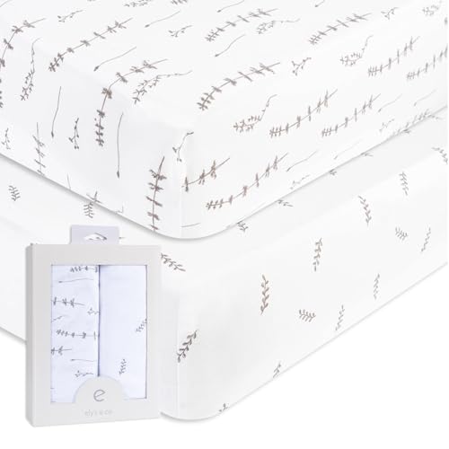 Image of Ely’s & Co. Pack and Play Sheets, for Mini/Portable Crib, 2 Pack Fitted Playpen Play Yard Sheet Set Compatible with Graco Pack n Play, for Baby Boys/Girls, 100% Cotton, Forest Grey Floral, 38”x24”x5”