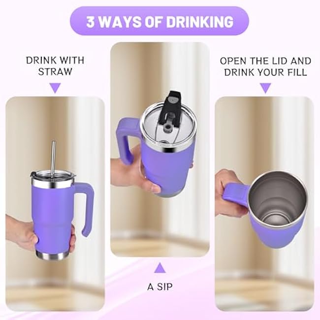 16 oz Stainless Steel Vacuum Travel Mug with Handle and Straw, Insulated Reusable Coffee Cup that Keeps Drinks Warm For Hours (purple cup)