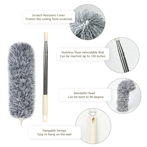 Image of RECLUSE Fan Cleaning Mop, Microfiber Feather Duster with Extra Long 100in Stainless Steel Telescopic Dusters Washable Duster for High Ceiling Fans, Window Blinds, Furniture, Cars etc.(Grey)
