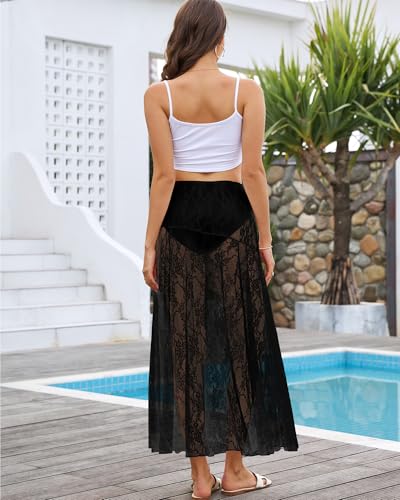 Bsubseach Women Summer Lace Maxi Skirt Elastic Waist Sheer Beach Cover Up Long Skirts3