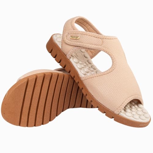 Sandalia Feminina Ortopédica Calce Fácil Massageadora Anatômica Leve Macia Via Angel 7601. (Bege, BR
