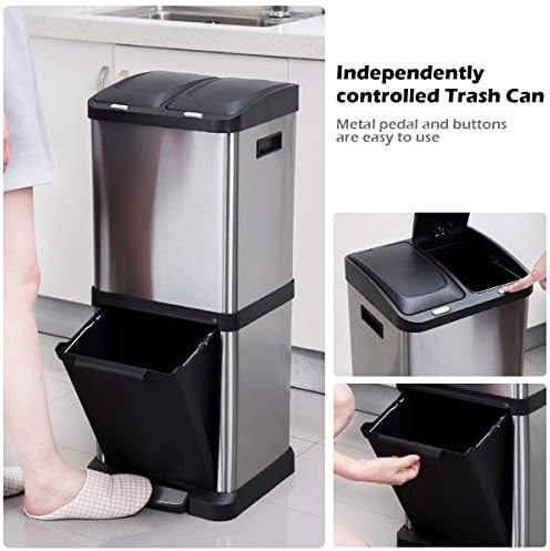 COSTWAY Recycling Pedal Bin for Kitchen Waste, Vertical Waste Separation System, 3 Recycle Compartments, 32L Rubbish Capacity Stainless Steel Trash Garbage Can
