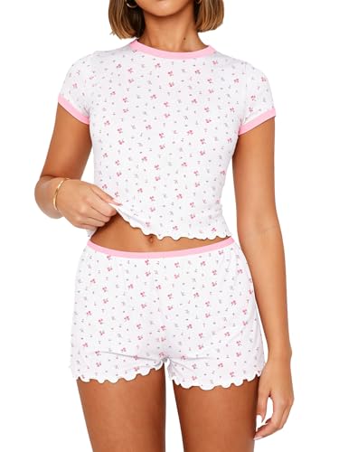 Image of Dressmine Cute Pjs Pajama Sets for Women Sexy 2 Piece Spring Pajamas Lounge Sleep Set Long Sleeve Shorts Sleepwear