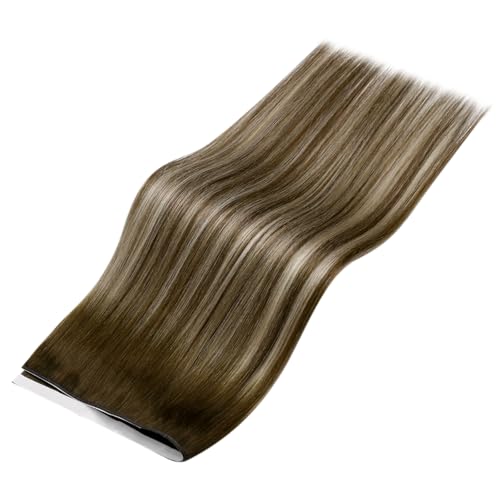 Image of LaaVoo Weft Tape Extensions Ombre Light Brown to Blonde Invisible Tape in Weft Hair Extensions Human Hair 50G Tape in Hair Extensions Balayage Brown Seamless 50G 22inch