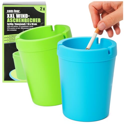 com-four® 2 x XXL Outdoor Ashtrays – Wind Ashtray – Storm Ashtray with Lid – Car Ashtray, Diameter 10 cm (Green + Blue)