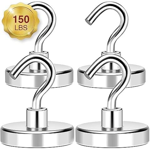 MIKEDE Magnetic Hooks Heavy Duty, 150Lbs+ Super Strong Magnet Hooks for Cruise Essentials, Neodymium Earth Magnets with Hook for Hanging, Magnetic Hanger for Fridge, Toolbox, Storage - 4 Pack Cover