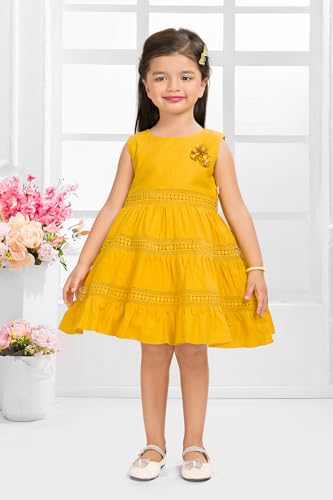 Image of Soft Cotton Lace Work Knee Length Fit & Flare Dress for Kids & Girls, Flower Embellished Frock for Casual & Special Occasion