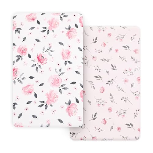 Image of PHF Soft Mini Crib Sheet Set, 2 Pack Silky Comfy Pack N Play Sheets for Girls, Universal Fit for Pack N Play, Playard and Mini Crib Mattresses, Pink Floral
