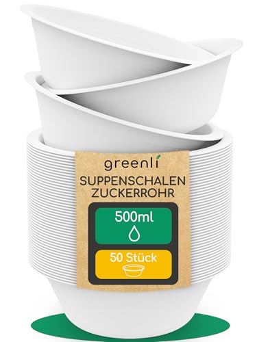 greenli® Einweg Suppenschalen 500ml - Nachhaltige Einwegschalen aus Zuckerrohr – 50 Suppenteller Einweg