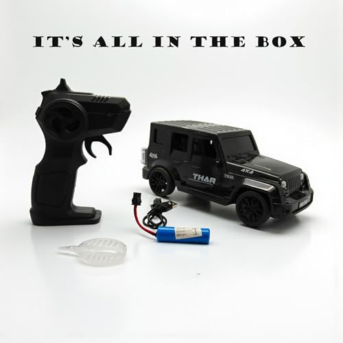 Image of The Flyers Bay 1:16 Scale Remote Control Thar Jeep 4x4 with Lights, Music, and Openable Doors | Built-in Arjan Valley Song | Rechargeable Off-Road SUV Car Toy for Kids (Thar Black)