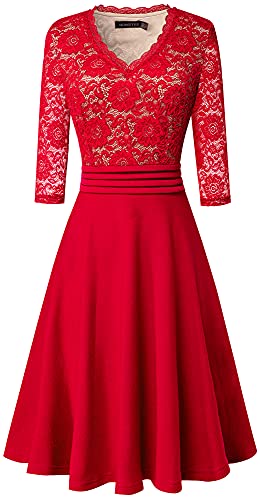 Image of HOMEYEE Women's Chic V-Neck Lace Patchwork Flare Party Dress A062