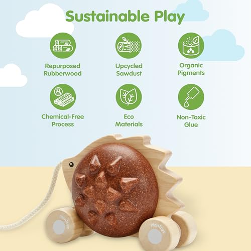 Image of PlanToys Wooden Pull Along Hedgehog | Montessori Pull Toy for Toddlers | Walking Toy with Sound, Early Learning, Balance & Coordination | Eco Friendly Wooden Toy