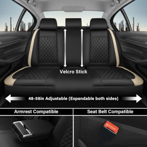 Image of Coverado Car Seat Covers Full Set, Luxury Diamond-Pattern Leather Seat Covers & Carbon Fiber, Waterproof Car Seat Protector, 5 Seats Automotive Seat Covers Universal Fit for Most Cars,BlackBeige
