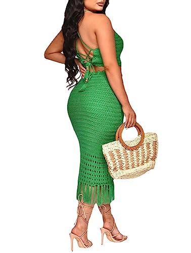 Image of Women Plus Two-Piece Skirt Set Tassel Fishing Net Knittin Hollow Out Off Shoulder Beach Dresses Swimsuit Cover Ups