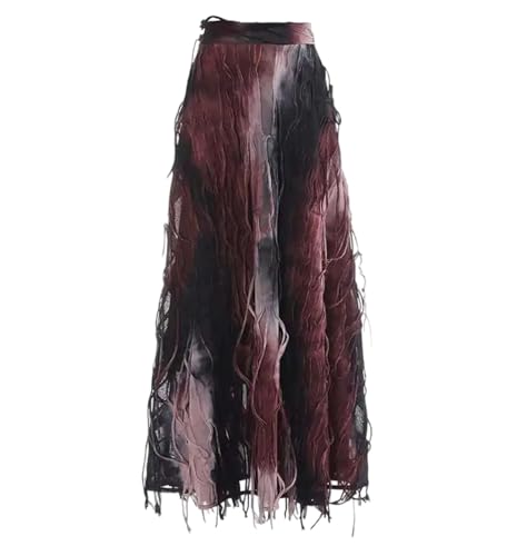Women's Midi Skirt Vintage Zipper Gradient Tie Dye Pleats A-Line Tassel Party Wedding Long Skirts