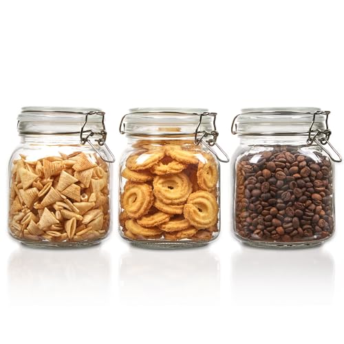 Vtopmart 34oz Glass Food Storage Jars with Airtight Clamp Lids, 3 Pack Kitchen Canisters for Flour, Cereal, Coffee, Pasta and Canning, Square Mason Jar with 8 Chalkboard Labels