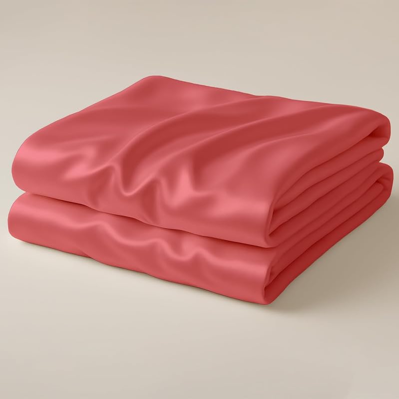 Image of Day Care-Luxury Satin Flat Double Bed (90x100 Inchs) Bedsheet|Ultra Soft Silky Smooth Touch|Breathable, Lightweight & Skin Friendly|Wrinkle Resistant|Coral Pink
