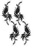 2 Pairs 7x3.1inch Leaves Iron on Patch Leaf Embroidery Applique Lace Fabric Motif for Garment Curtain Pillow Blanket Trimming Shoes Jeans Clothes Embellishments (Black)
