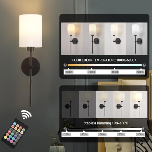 Image of Battery Operated Wall Sconces Set of Two,Wireless Rechargeable Wall Light With Remote Control, Dimmable, Amber Light /Warm White /Natural White /Daylight /RGB, Timer,for Living Room,Bedroom,Entryway,Black