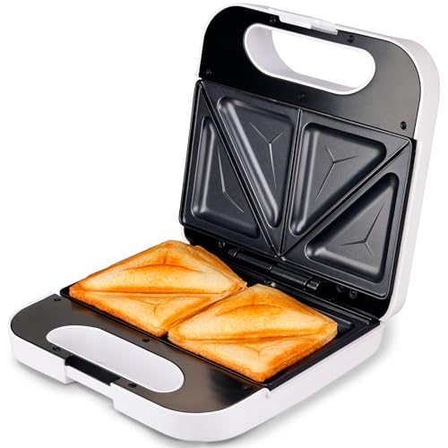 Grunkel Appareil à croque-monsieur avec gril pour 2 sandwichs avec tranchant, surface antidérapante et antiadhésive, puissance de 750 W et sensation de fraîcheur (bord carré blanc)