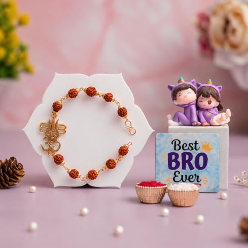 Image of ecraftindia Rudraksha Om Trishul Rakhi Gift Set for Brother | Designer Rudraksha Rakhi with Best Bro Ever Fridge Magnet, Brother Sister Showpiece & Roli Chawal | Raksha Bandhan Gift Combo