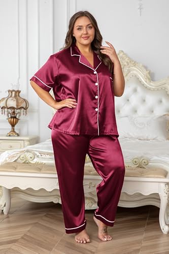 Image of Vozanet Women's Button Down Satin Pajama Sets Silky Short Sleeve Top & Pants Plus Size Loungewear Classic Sleepwear XL to 5XL