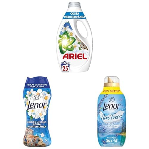 Pack Ariel & Lenor Brisa Marina y Frescor Alpino – Detergente Líquido (25 Lavados), Perlas de Perfume (22 Lavados) y Suavizante (50 Lavados), Edición Limitada Costa Mediterránea