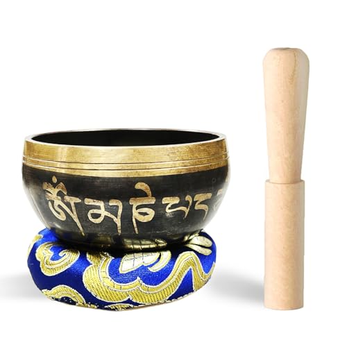 REGIS Tibetan Singing Bowl Set ， Mindfulness, and Stress Relief zen decor，Bowl Handcrafted in Nepal for Healing and Mindfulness (black, 3 inch)