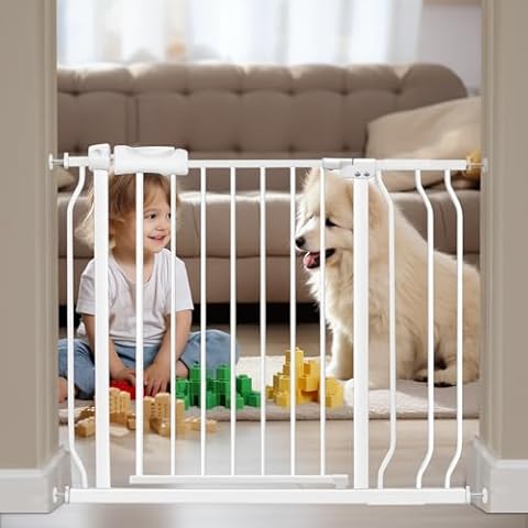 HOOOEN Extra Wide Baby Gate Extra Tall Dog Gate for Stairs Doorways White Metal Tension Child Pet Safety Gates with Pressure Mount 34-38.5 Inch Wide Cover