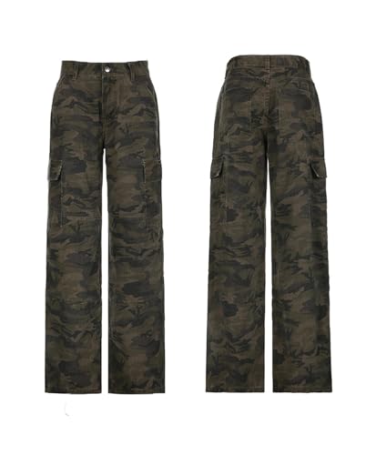 Women Camouflage Cargo Jeans High Waisted Straight Wide Leg Camo Jeans Y2k Flap Pockets Baggy Denim Pants4