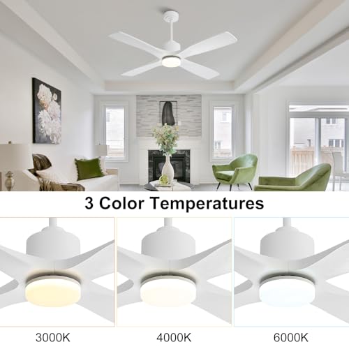 Image of LEDLUX 48 inch Ceiling Fans with Lights -Modern Ceiling Fan with Light, 6-Speed Remote, 4 Solid Wood Blades, Quiet DC Motor, for Bedroom, Living Room, Outdoor, White