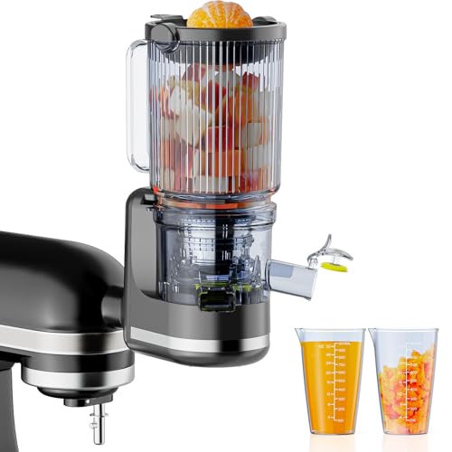 Image of Juicer Attachment for KitchenAid, Cold Press Slow Juicer with 4.9 inch Large Feed Chute for Whole Fruits & Vegetables, Includes 2 * 1L Measuring Cups for KitchenAid Accessories and Attachments, Black